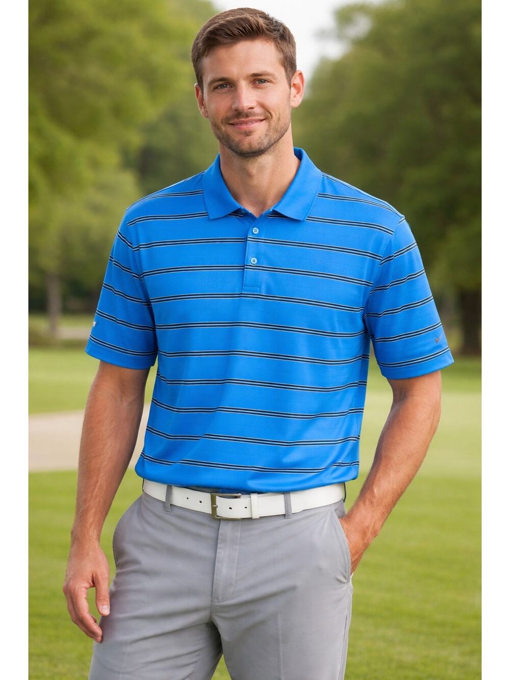Nike Golf Polo Shirt Men's L Blue Striped Dri-FIT Short Sleeve Wicking, Sm Spot